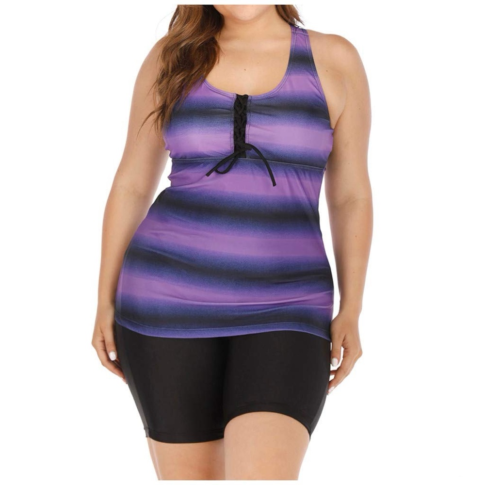 Chama Plus Size Striped Tankini Swimsuit with Boyshort